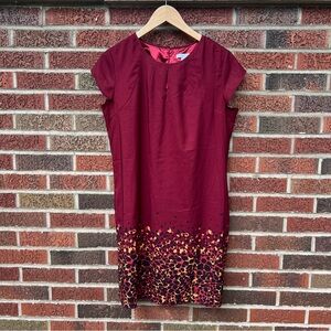 New York & Company Burgundy Stretch Cap Sleeve Short Sleeve Patterned Dress